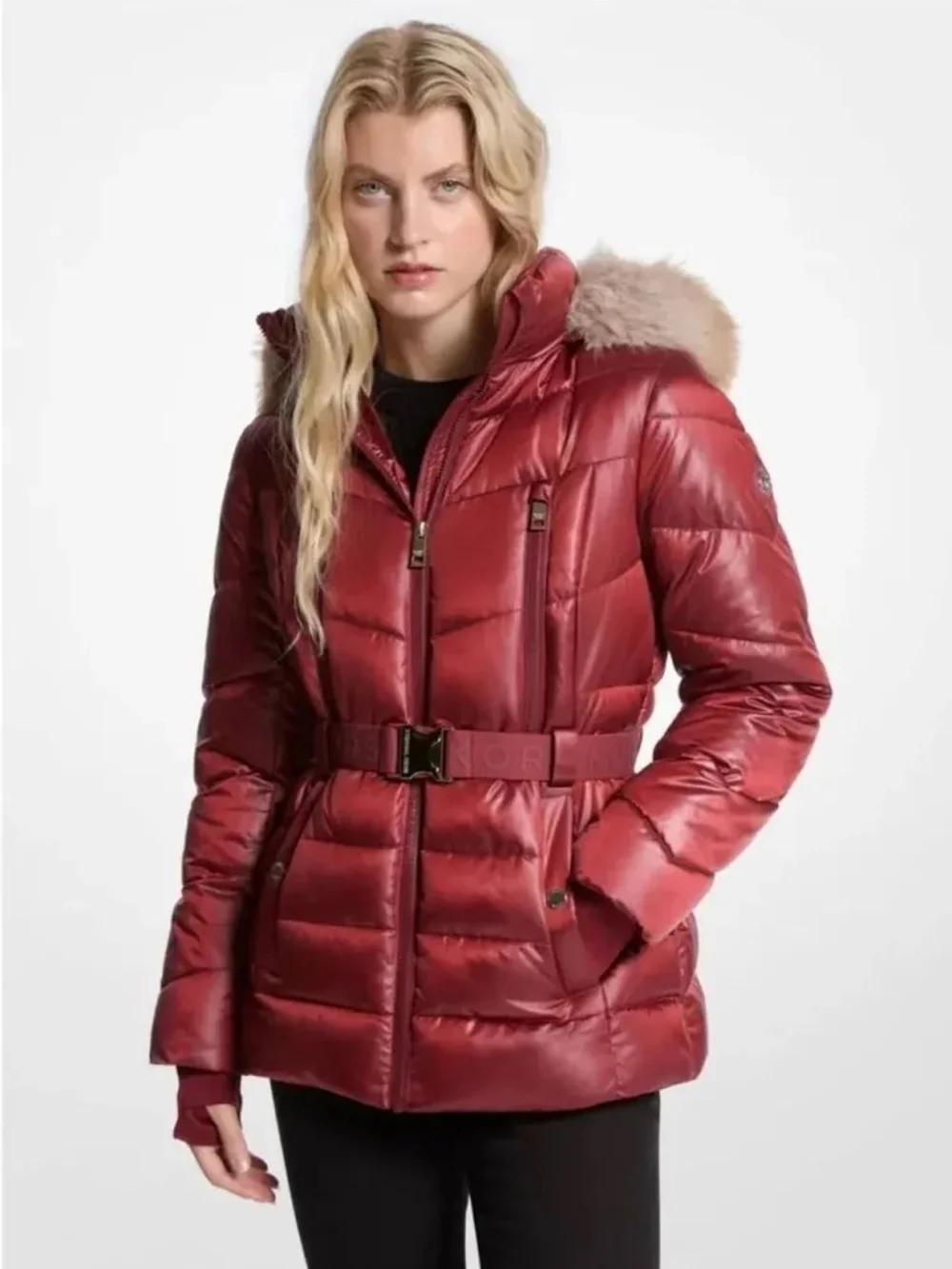Michael Kors Red Quilted Cherry Belted Puffer Coat with Faux Fur Trim